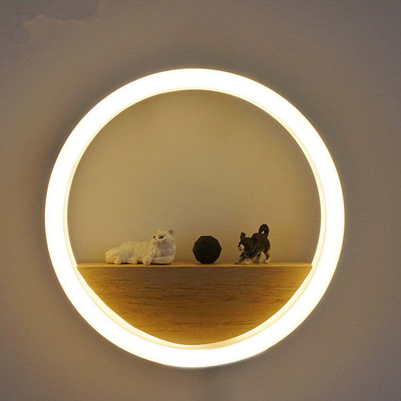Modern LED Wall Lamp with Shelf – Creative Round Bedside Night Light