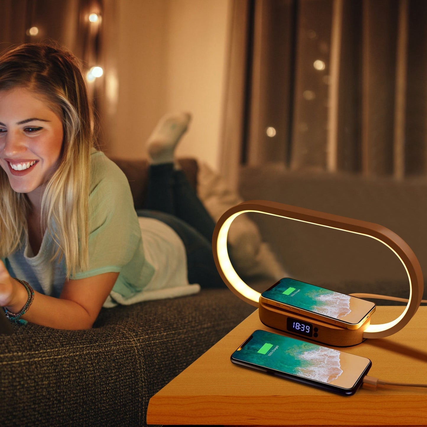 Modern Nightstand Lamp – LED Desk Light with Clock & Wireless Charger