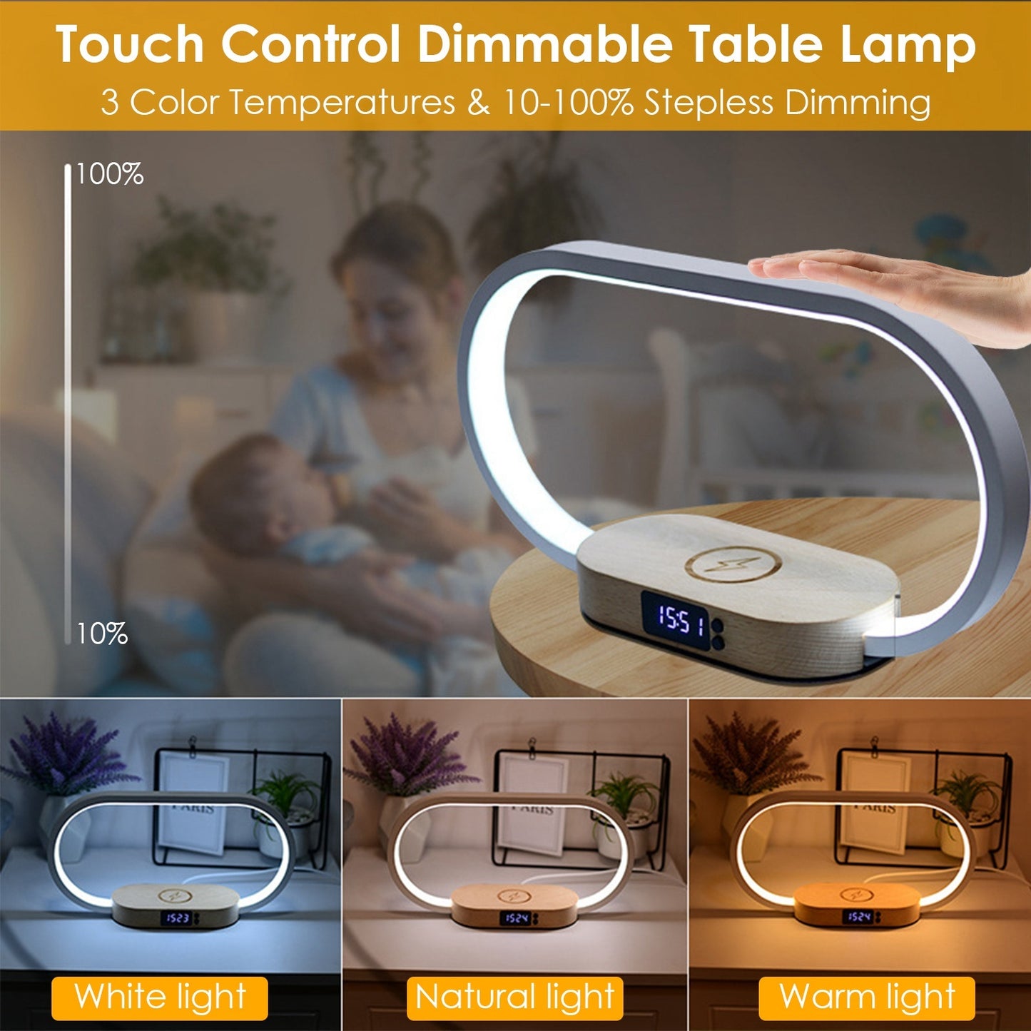 Modern Nightstand Lamp – LED Desk Light with Clock & Wireless Charger