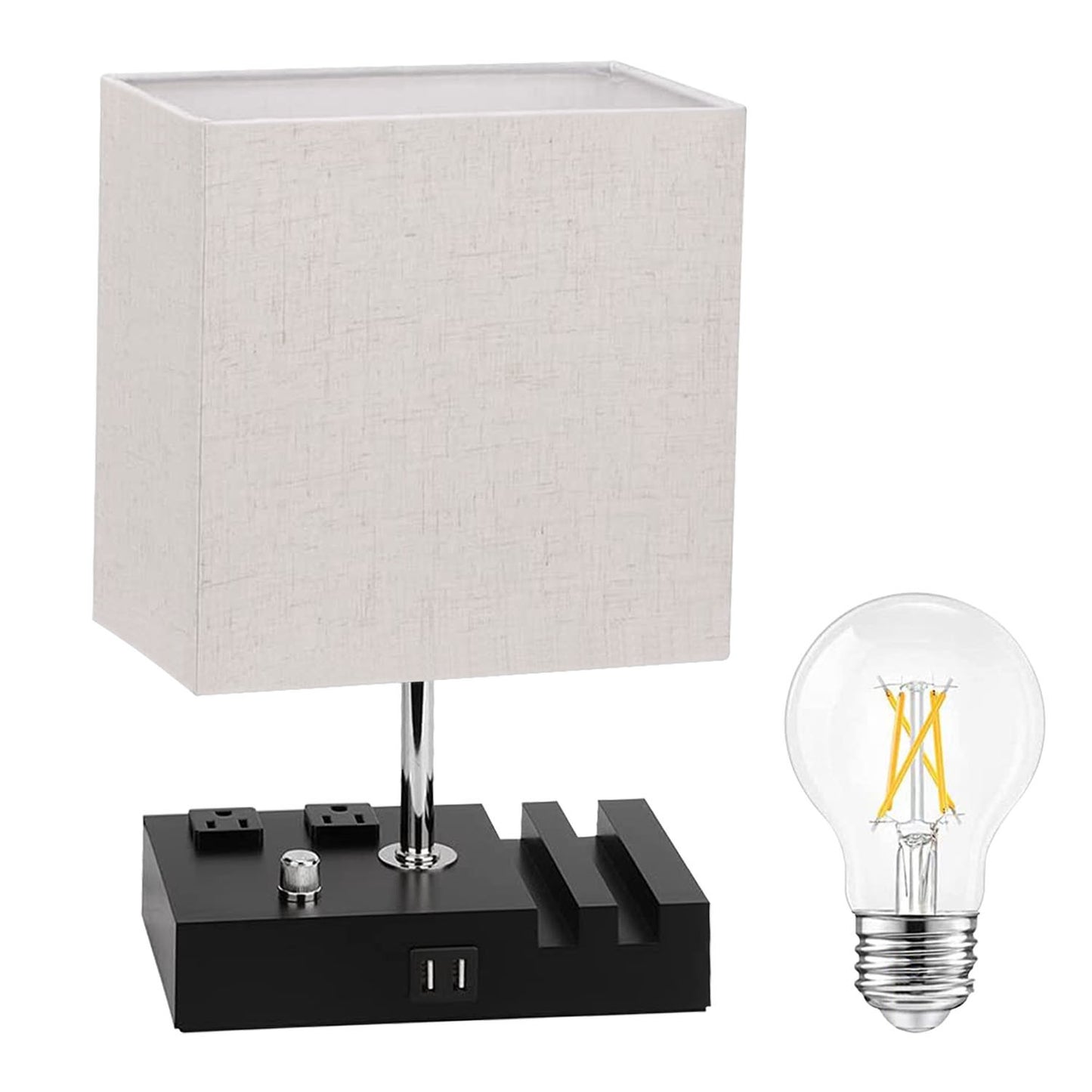 Fully Dimmable Bedside Table Lamp with Dual USB Ports & 2 Power Outlets – LED Bulb Included