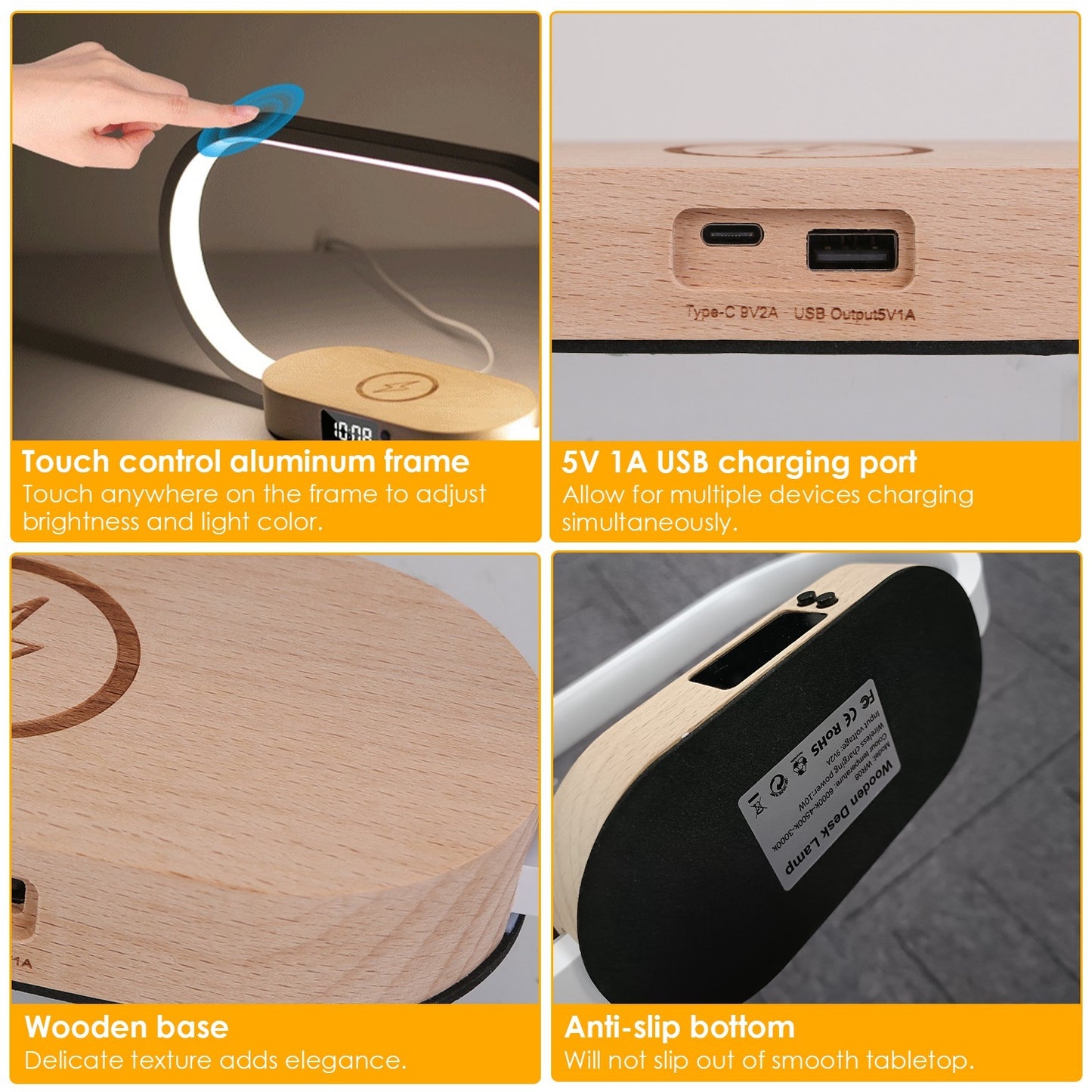 Modern Nightstand Lamp – LED Desk Light with Clock & Wireless Charger