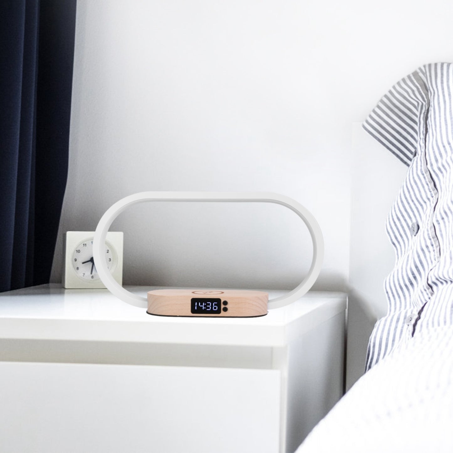 Modern Nightstand Lamp – LED Desk Light with Clock & Wireless Charger