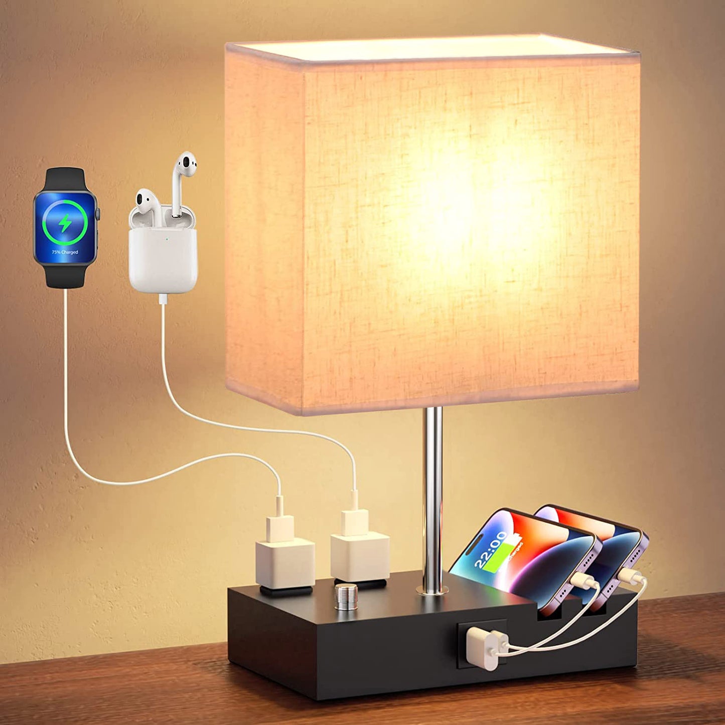 Fully Dimmable Bedside Table Lamp with Dual USB Ports & 2 Power Outlets – LED Bulb Included