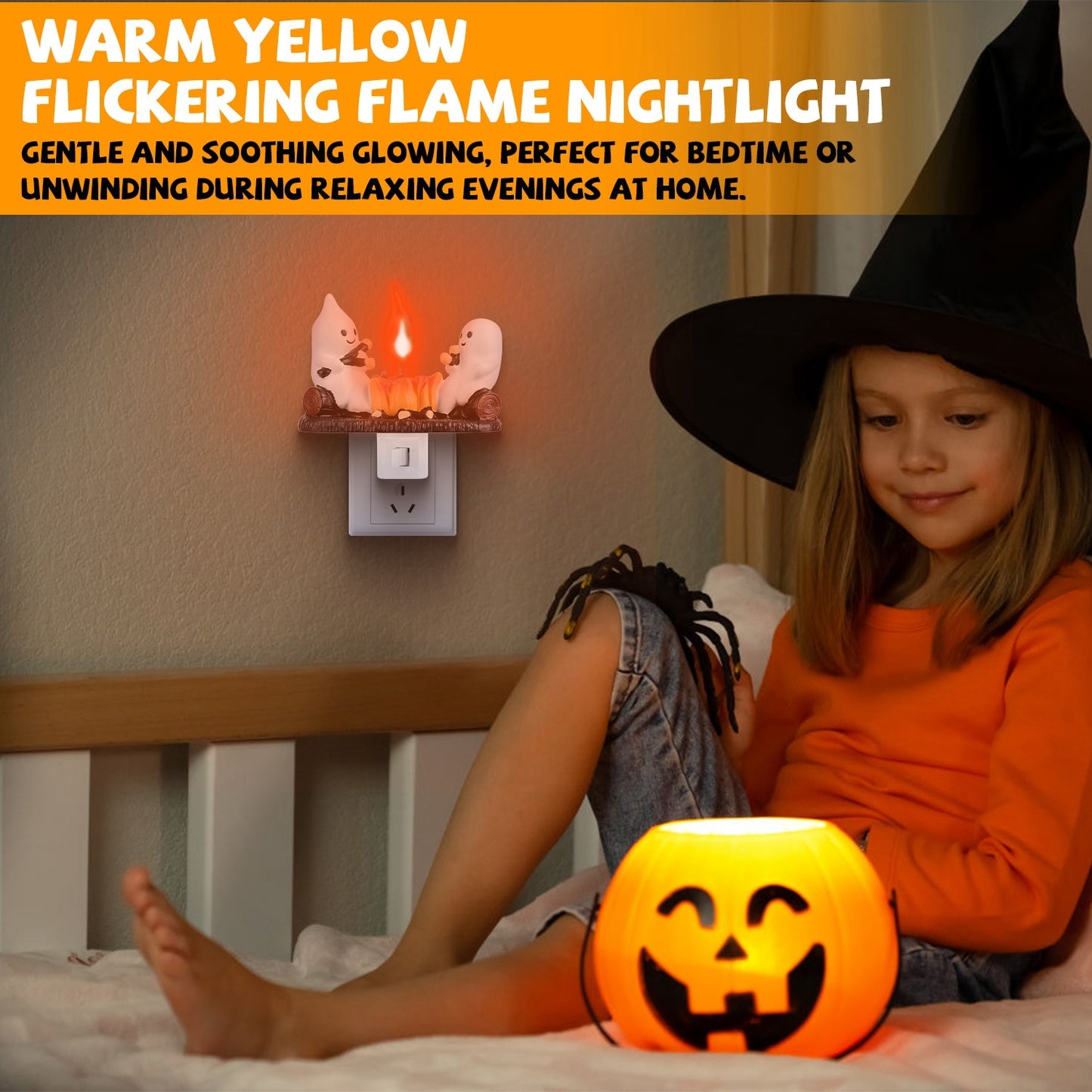 2PCS Halloween Ghost Campfire Night Light – Flickering Flame Plug-In Decoration for Bedroom & Living Room
