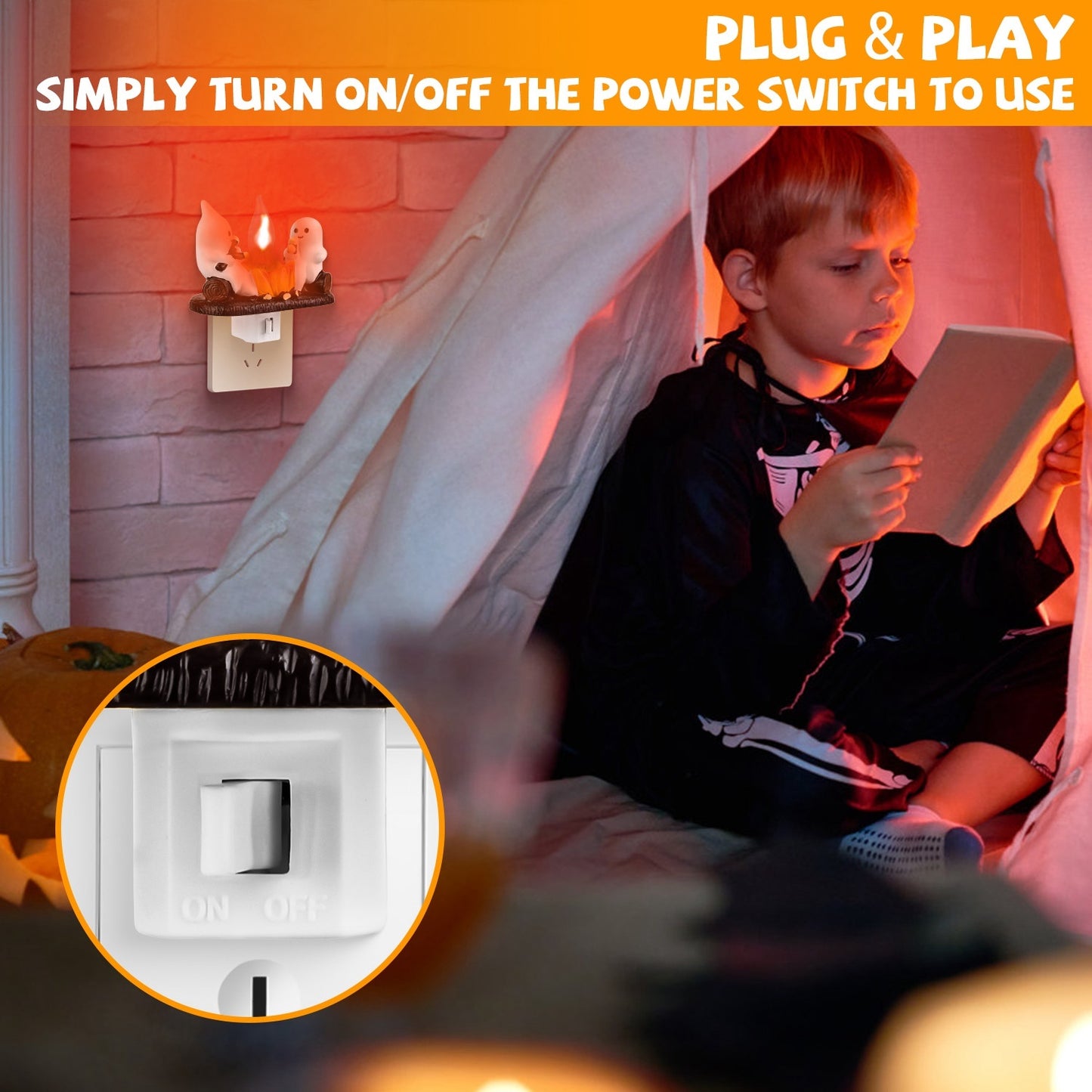 2PCS Halloween Ghost Campfire Night Light – Flickering Flame Plug-In Decoration for Bedroom & Living Room
