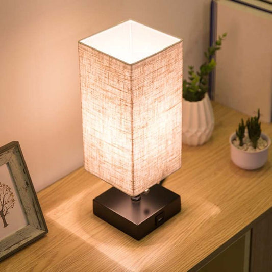 Linen Square Table Lamp – Modern Bedside Nightstand Light for Bedroom & Study