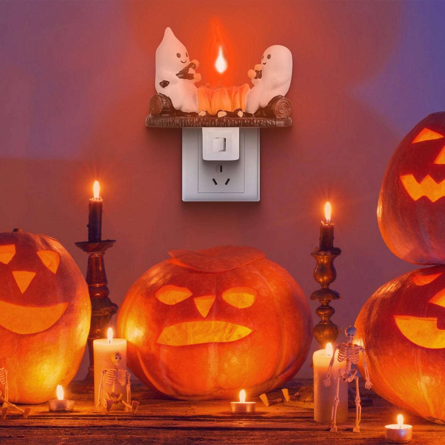 2PCS Halloween Ghost Campfire Night Light – Flickering Flame Plug-In Decoration for Bedroom & Living Room