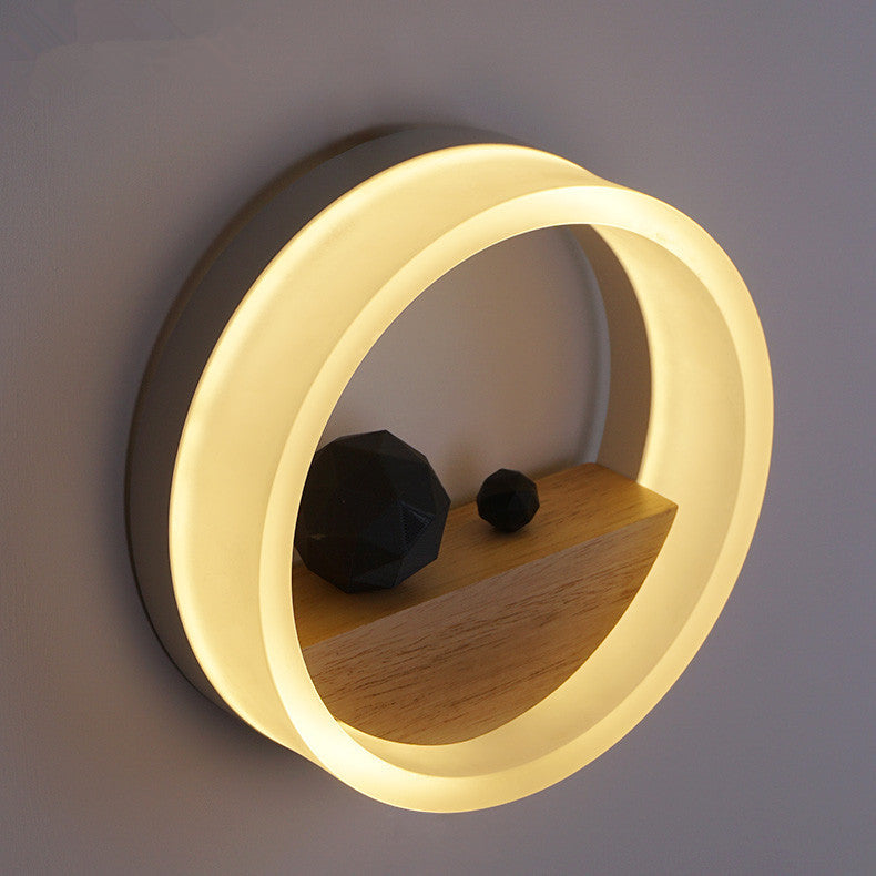 Modern LED Wall Lamp with Shelf – Creative Round Bedside Night Light