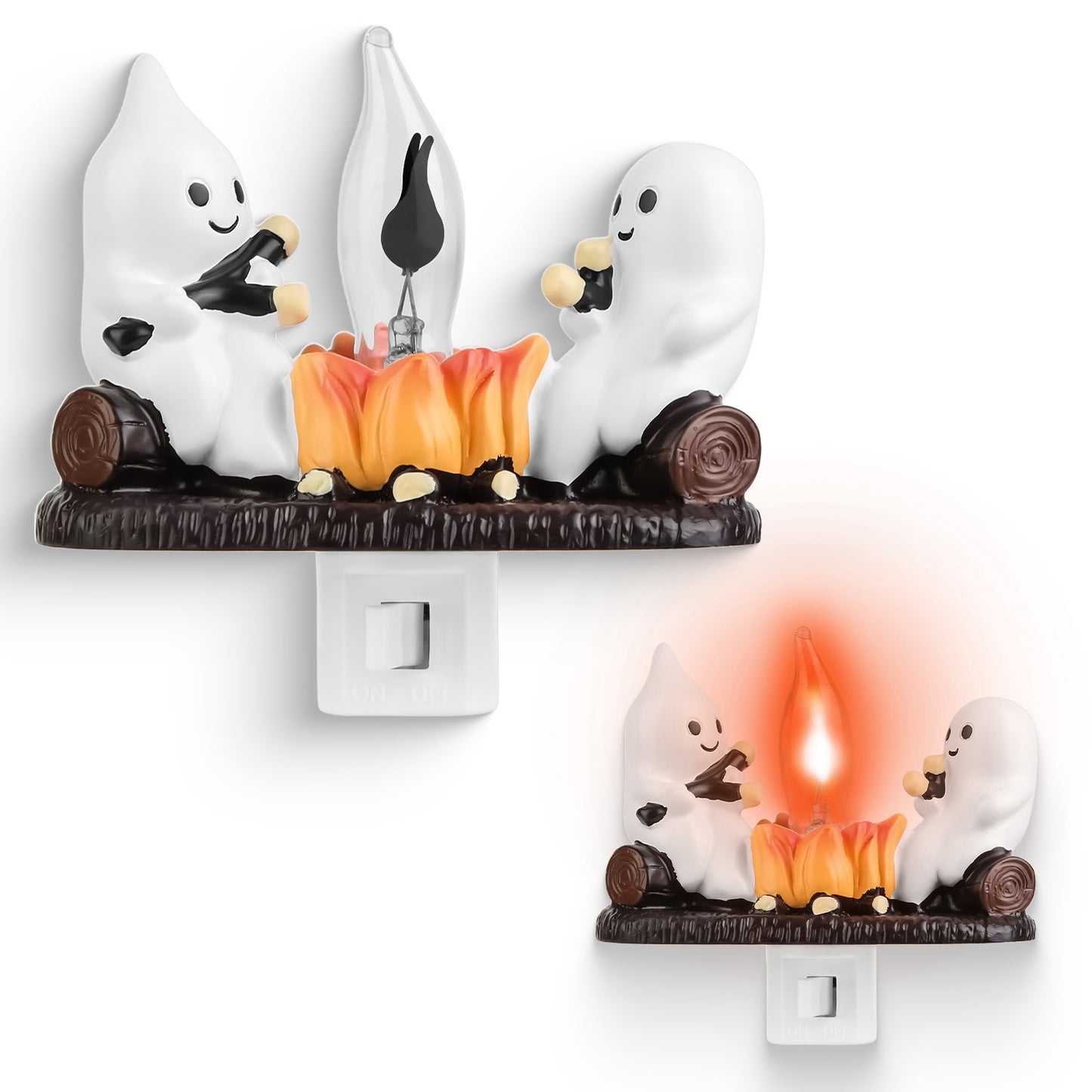 2PCS Halloween Ghost Campfire Night Light – Flickering Flame Plug-In Decoration for Bedroom & Living Room