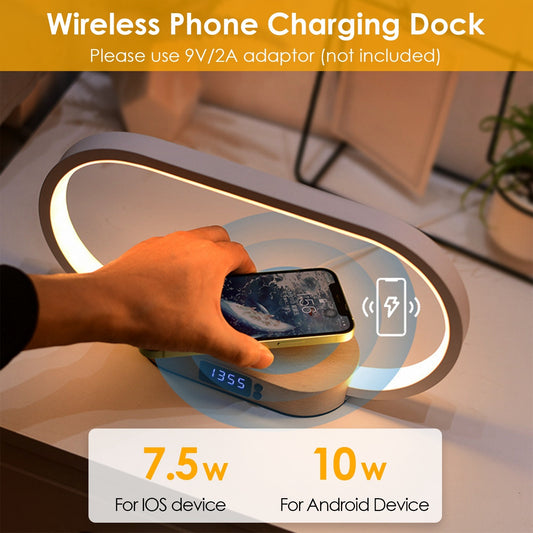 Modern Nightstand Lamp – LED Desk Light with Clock & Wireless Charger