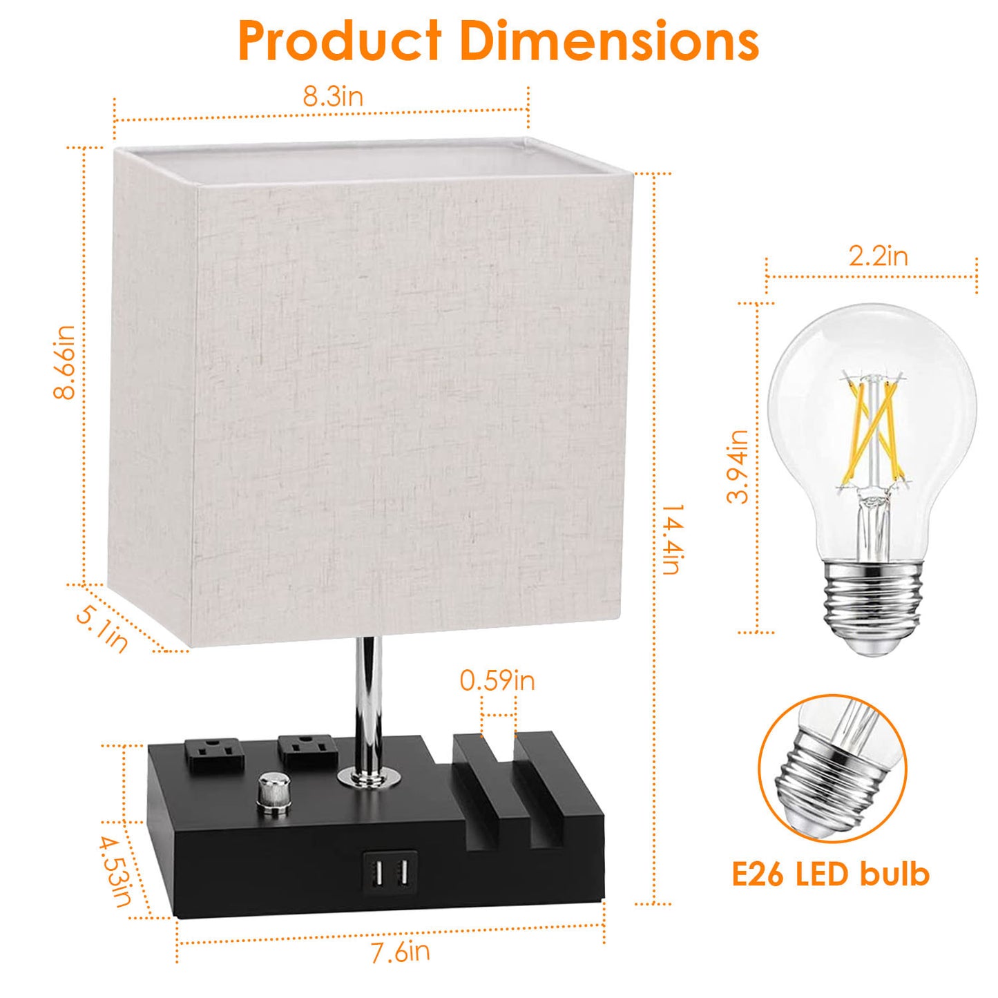 Fully Dimmable Bedside Table Lamp with Dual USB Ports & 2 Power Outlets – LED Bulb Included