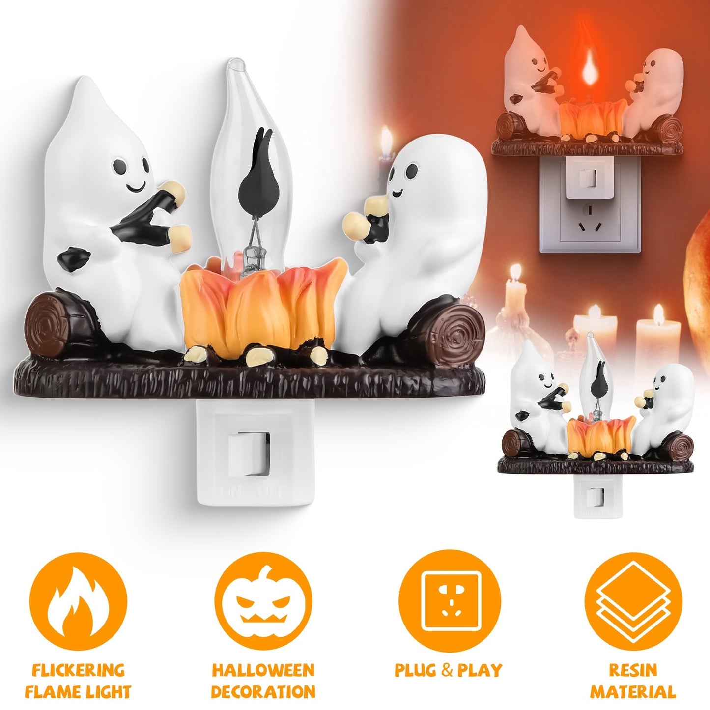 2PCS Halloween Ghost Campfire Night Light – Flickering Flame Plug-In Decoration for Bedroom & Living Room