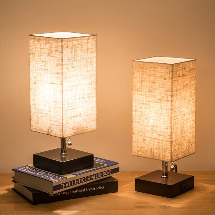 Linen Square Table Lamp – Modern Bedside Nightstand Light for Bedroom & Study