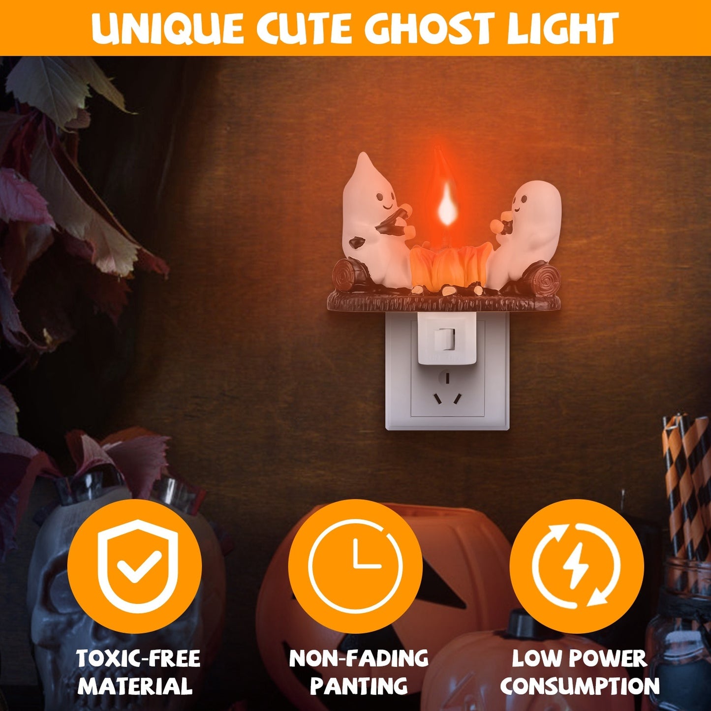 2PCS Halloween Ghost Campfire Night Light – Flickering Flame Plug-In Decoration for Bedroom & Living Room
