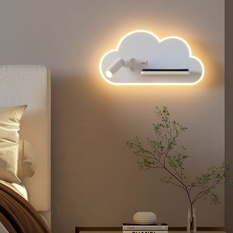 Cloud Wall Lamp with Shelf & USB – Modern Bedside LED Night Light