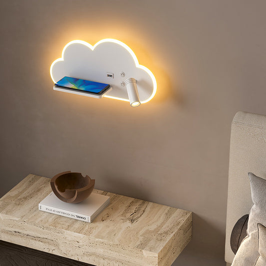 Cloud Wall Lamp with Shelf & USB – Modern Bedside LED Night Light