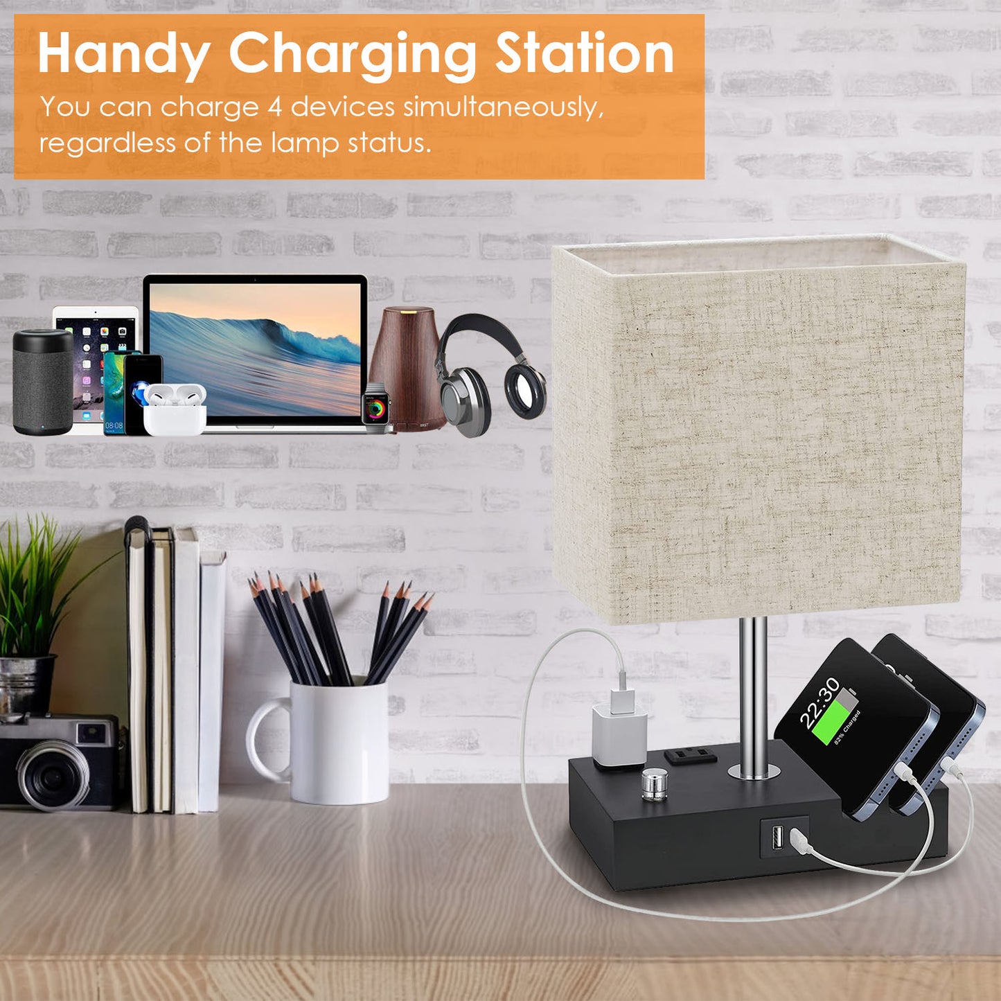 Fully Dimmable Bedside Table Lamp with Dual USB Ports & 2 Power Outlets – LED Bulb Included