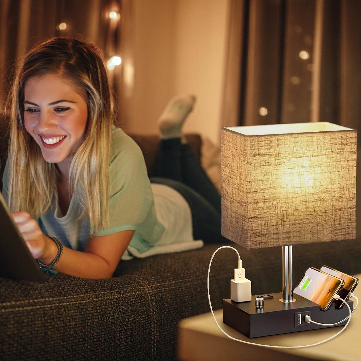 Fully Dimmable Bedside Table Lamp with Dual USB Ports & 2 Power Outlets – LED Bulb Included