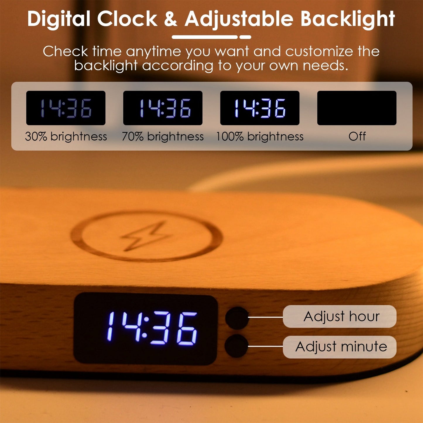Modern Nightstand Lamp – LED Desk Light with Clock & Wireless Charger