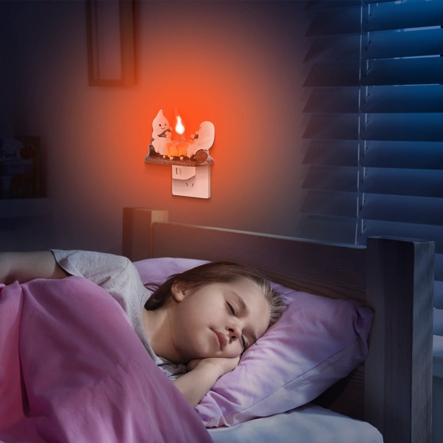 2PCS Halloween Ghost Campfire Night Light – Flickering Flame Plug-In Decoration for Bedroom & Living Room